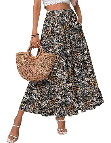 Women's Chiffon Elastic High Waist Pleated Maxi Skirt with Pockets | Flowy A-Line 3-Tiered Pleated Skirt, for Work, Beach & Travel Vacation