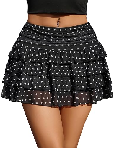 Women's Mesh Flowy Ruffle Tiered Short Skirt Y2K | A-Line Layered, Ruched Elastic Waist, Tiered Ruffle Hem, Concert Party Outfits