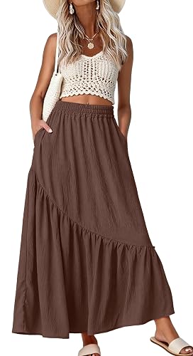 Women's Maxi Skirt High Waist Tiered A-Line with Pockets | Elastic Waist, Casual Boho Pleated Flowy Swing Long, Summer Beach Vacation, Asymmetrical Tiered Hem