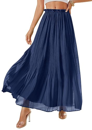 Women's Pleated Midi Skirts 2026 | Flowy Summer Beach Vacation High Waisted Chiffon Boho A-Line Long Skirt